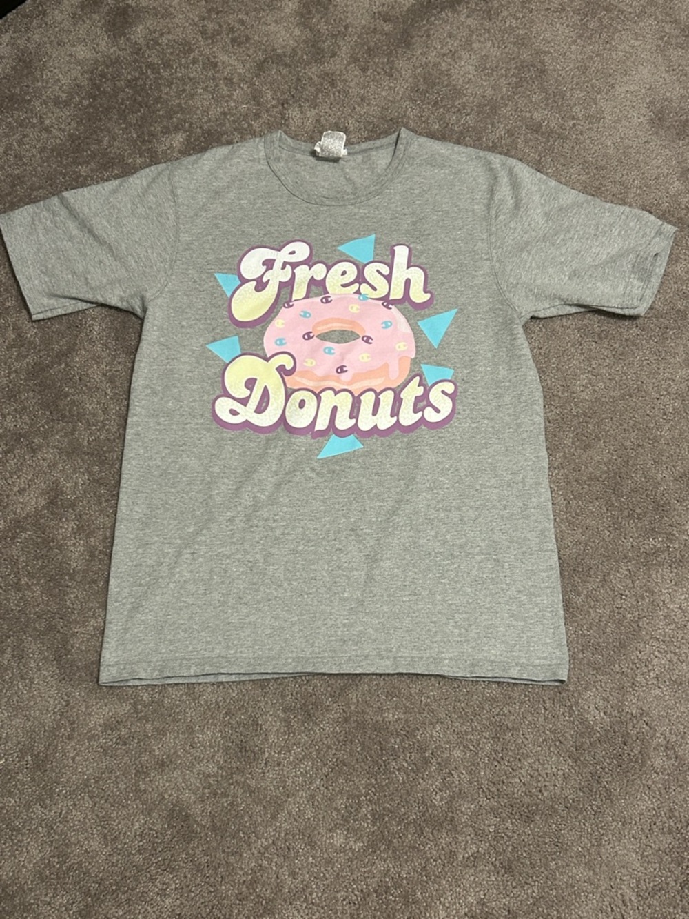 Champion Gray Tee with Pastel 'Fresh Donuts' Graphic sz: m